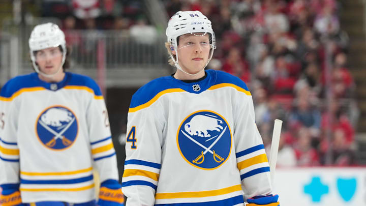 Jan 19, 2026; Raleigh, North Carolina, USA;  Buffalo Sabres center Konsta Helenius (94) loos on against the Carolina Hurricanes during the second period at Lenovo Center. Mandatory Credit: James Guillory-Imagn Images