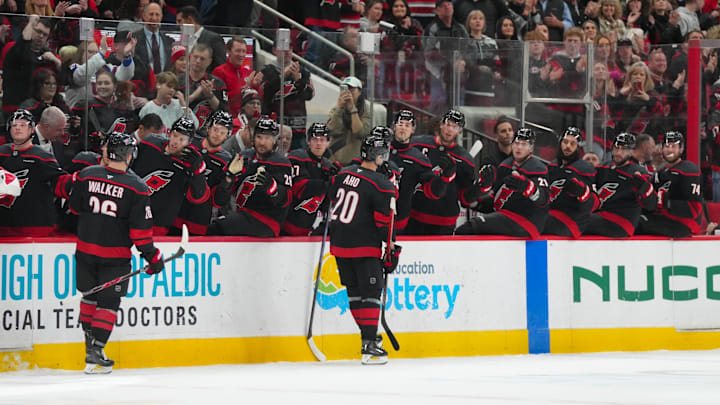 Feb 3, 2026; Raleigh, North Carolina, USA;  Carolina Hurricanes center Sebastian Aho (20) celebrates his goal against the Ottawa Senators during the first period at Lenovo Center. Mandatory Credit: James Guillory-Imagn Images