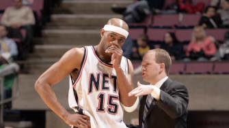 Jan 19, 2005; East Rutherford, NJ, USA; New Jersey Nets forward Vince Carter (15) on the sideline