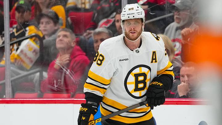 Apr 7, 2026; Raleigh, North Carolina, USA; Boston Bruins right wing David Pastrnak (88) watches the play against the Carolina Hurricanes during the third period at Lenovo Center. Mandatory Credit: James Guillory-Imagn Images Apr 7, 2026; Raleigh, North Carolina, USA; Boston Bruins right wing David Pastrnak (88) watches the play against the Carolina Hurricanes during the third period at Lenovo Center. Mandatory Credit: James Guillory-Imagn Images