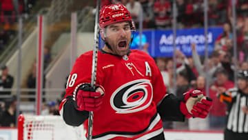 Oct 30, 2025; Raleigh, North Carolina, USA;  Carolina Hurricanes left wing Jordan Martinook (48) celebrates his goal against the New York Islanders during the first period at Lenovo Center. Mandatory Credit: James Guillory-Imagn Images