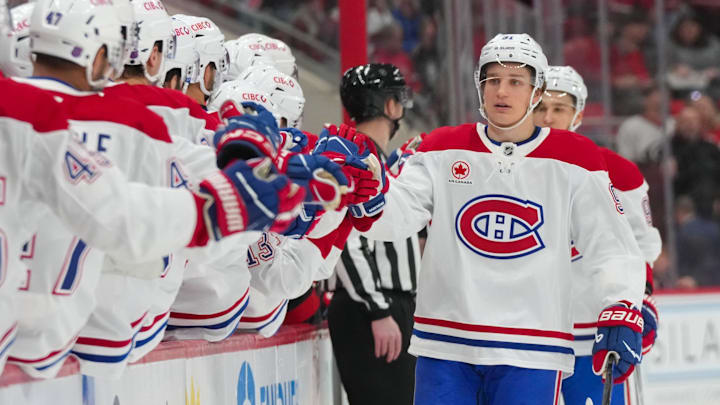 Jan 1, 2026; Raleigh, North Carolina, USA;  Montréal Canadiens center Oliver Kapanen (91) celebrates his goal against the Carolina Hurricanes during the first period at Lenovo Center. Mandatory Credit: James Guillory-Imagn Images