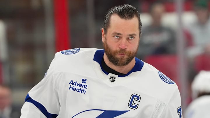 Feb 26, 2026; Raleigh, North Carolina, USA;  Tampa Bay Lightning defenseman Victor Hedman (77) looks on during the warmups before the game against the Carolina Hurricanes at Lenovo Center. Mandatory Credit: James Guillory-Imagn Images