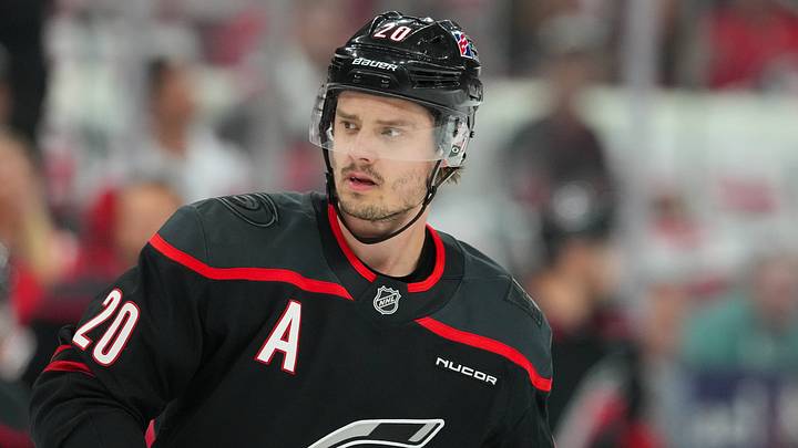 May 4, 2026; Raleigh, North Carolina, USA; Carolina Hurricanes center Sebastian Aho (20) skates during the warmups before the game against the Philadelphia Flyers in game two of the second round of the 2026 Stanley Cup Playoffs at Lenovo Center. Mandatory Credit: James Guillory-Imagn Images
