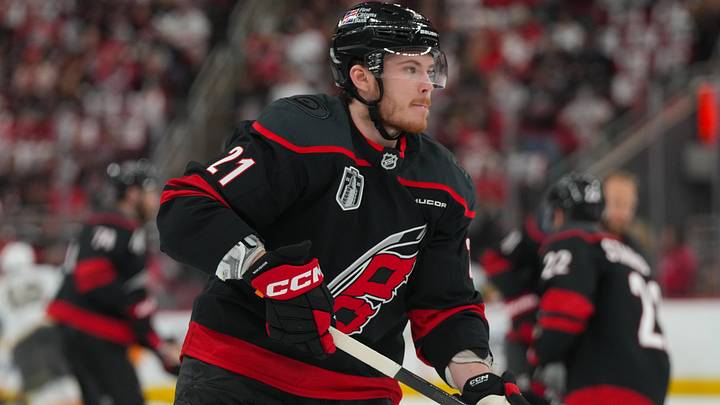Jun 4, 2026; Raleigh, North Carolina, USA; Carolina Hurricanes defenseman Alexander Nikishin (21) skates against the Vegas Golden Knights during the warmups in game two of the 2026 Stanley Cup Final at Lenovo Center. Jun 4, 2026; Raleigh, North Carolina, USA; Carolina Hurricanes defenseman Alexander Nikishin (21) skates against the Vegas Golden Knights during the warmups in game two of the 2026 Stanley Cup Final at Lenovo Center.