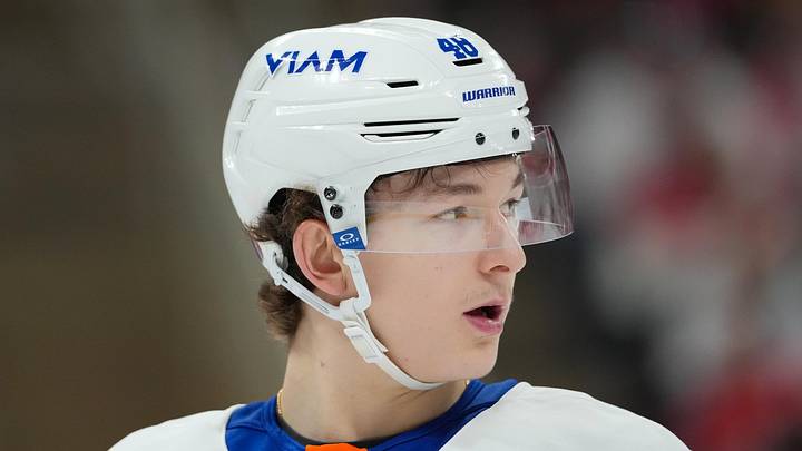 Apr 4, 2026; Raleigh, North Carolina, USA;  New York Islanders defenseman Matthew Schaefer (48) looks on against the Carolina Hurricanes during the first period at Lenovo Center. Mandatory Credit: James Guillory-Imagn Images