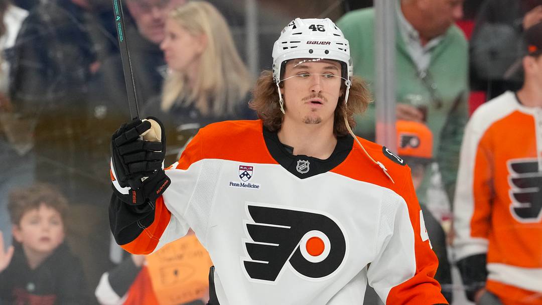 Philadelphia Flyers center Trevor Zegras (46) looks on during the warmups: James Guillory-Imagn Images