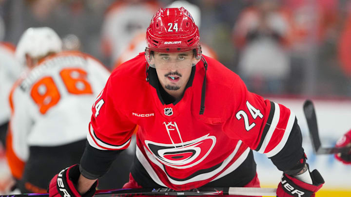Dec 14, 2025; Raleigh, North Carolina, USA; Carolina Hurricanes center Seth Jarvis (24) looks on during the warmups before the game against the Philadelphia Flyers at Lenovo Center. Mandatory Credit: James Guillory-Imagn Images
