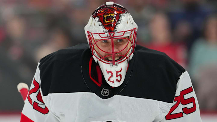 New Jersey Devils goaltender Jacob Markstrom (25) smiles: James Guillory-Imagn Images