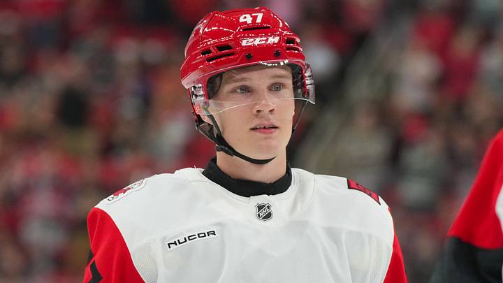 Sep 24, 2025; Raleigh, North Carolina, USA;  Carolina Hurricanes defenseman Aleksi Heimosalmi (47) looks on against the Florida Panthers during the first period at Lenovo Center. Mandatory Credit: James Guillory-Imagn Images
