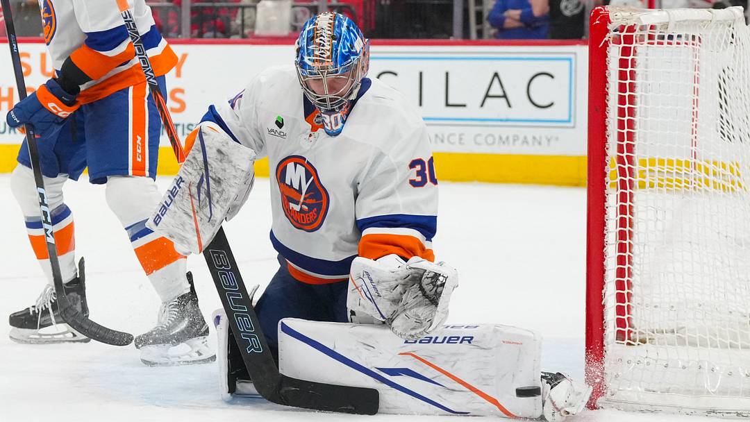 Apr 4, 2026; Raleigh, North Carolina, USA;  New York Islanders goaltender Ilya Sorokin (30) stops the shot against the Carolina Hurricanes during the third period at Lenovo Center. Mandatory Credit: James Guillory-Imagn Images