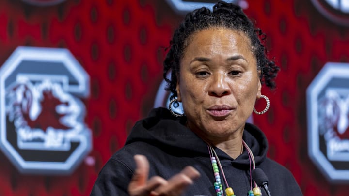 Oct 16, 2024; Birmingham, AL, USA; South Carolina Gamecocks head coach Dawn Staley talks with the media during SEC Media Days at Grand Bohemian Hotel. Mandatory Credit: Vasha Hunt-Imagn Images