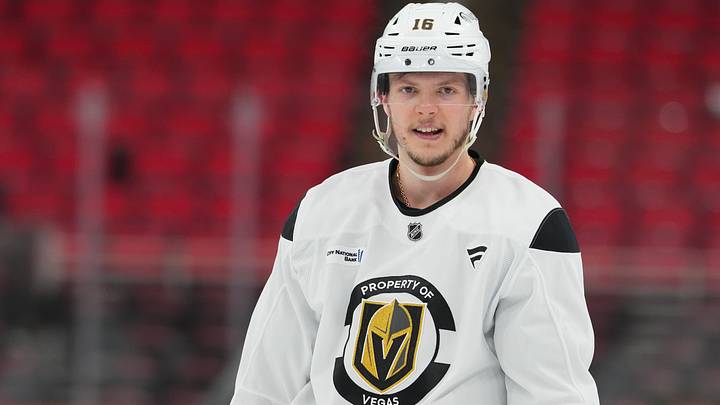 Jun 1, 2026; Raleigh, North Carolina, USA; Vegas Golden Knights right wing Pavel Dorofeyev (16) looks on during the practice during media day for the 2026 Stanley Cup Final at Lenovo Center. Jun 1, 2026; Raleigh, North Carolina, USA; Vegas Golden Knights right wing Pavel Dorofeyev (16) looks on during the practice during media day for the 2026 Stanley Cup Final at Lenovo Center.