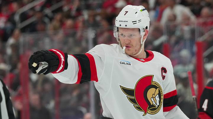 Apr 18, 2026; Raleigh, North Carolina, USA; Ottawa Senators left wing Brady Tkachuk (7) reacts against the Carolina Hurricanes during the second period in game one of the first round of the 2026 Stanley Cup Playoffs at Lenovo Center. Mandatory Credit: James Guillory-Imagn Images