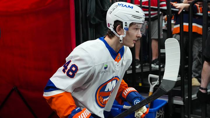 Apr 4, 2026; Raleigh, North Carolina, USA; New York Islanders defenseman Matthew Schaefer (48) goes out onto the ice for the warmups before the game against the Carolina Hurricanes at Lenovo Center. Mandatory Credit: James Guillory-Imagn Images Apr 4, 2026; Raleigh, North Carolina, USA; New York Islanders defenseman Matthew Schaefer (48) goes out onto the ice for the warmups before the game against the Carolina Hurricanes at Lenovo Center. Mandatory Credit: James Guillory-Imagn Images