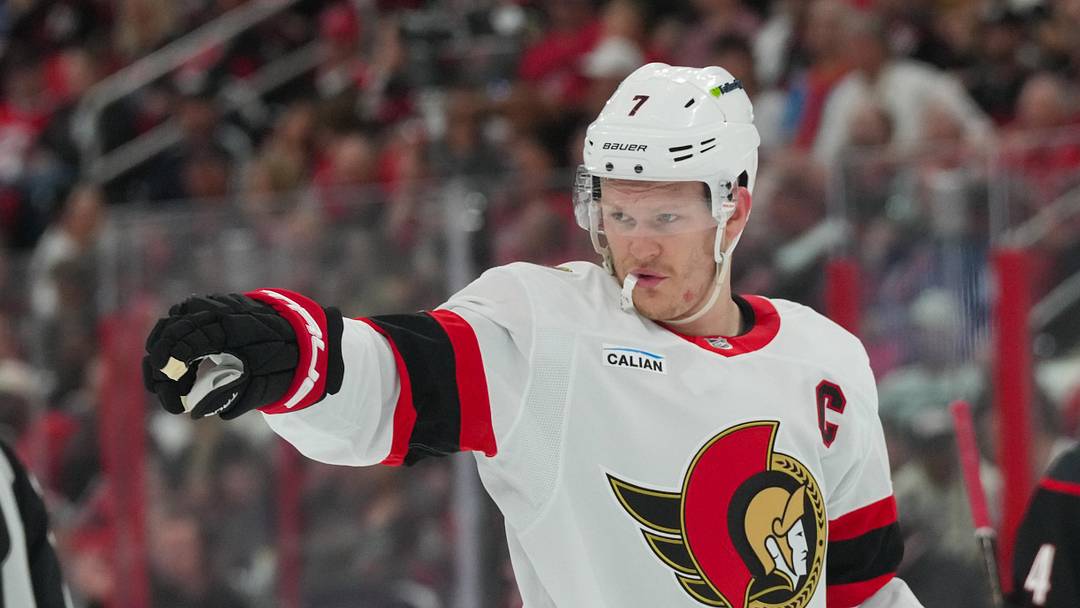 Apr 18, 2026; Raleigh, North Carolina, USA; Ottawa Senators left wing Brady Tkachuk (7) reacts against the Carolina Hurricanes during the second period in game one of the first round of the 2026 Stanley Cup Playoffs at Lenovo Center.