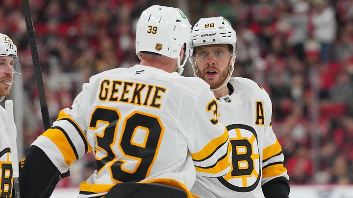 Apr 7, 2026; Raleigh, North Carolina, USA; Boston Bruins center Morgan Geekie (39) celebrates his goal with right wing David Pastrnak (88) against the Carolina Hurricanes during the second period at Lenovo Center. Mandatory Credit: James Guillory-Imagn Images Apr 7, 2026; Raleigh, North Carolina, USA; Boston Bruins center Morgan Geekie (39) celebrates his goal with right wing David Pastrnak (88) against the Carolina Hurricanes during the second period at Lenovo Center. Mandatory Credit: James Guillory-Imagn Images