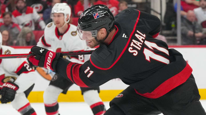 Feb 3, 2026; Raleigh, North Carolina, USA;  Carolina Hurricanes center Jordan Staal (11) scores a goal against the Ottawa Senators during the third period at Lenovo Center. Mandatory Credit: James Guillory-Imagn Images