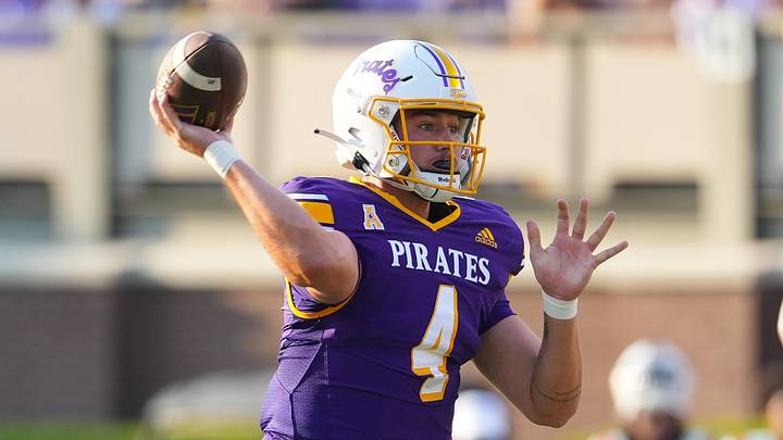 Sep 6, 2025; Greenville, North Carolina, USA;  East Carolina Pirates quarterback Katin Houser (4) throws the ball against the Campbell Fighting Camels during the first half at Dowdy-Ficklen Stadium. Mandatory Credit: James Guillory-Imagn Images