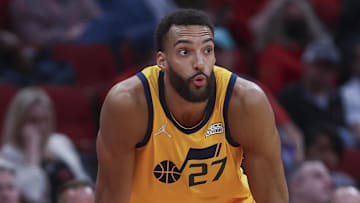 Mar 2, 2022; Houston, Texas, USA; Utah Jazz center Rudy Gobert (27) reacts during the third quarter against the Houston Rockets at Toyota Center. Mandatory Credit: Troy Taormina-Imagn Images