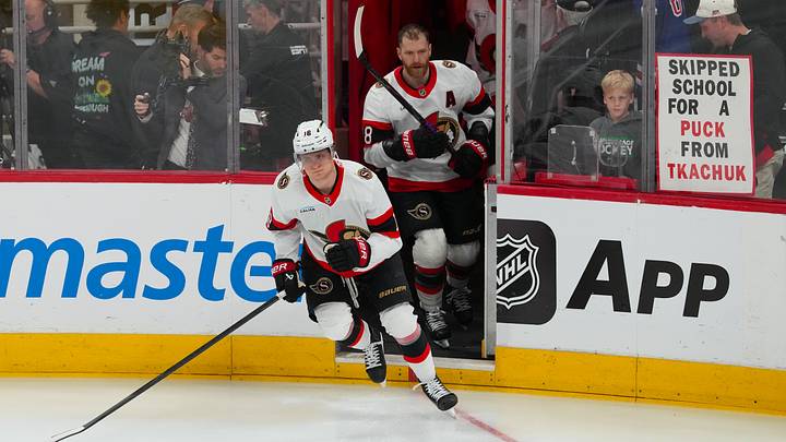 Apr 20, 2026; Raleigh, North Carolina, USA; Ottawa Senators center Tim Stützle (18) and right wing Claude Giroux (28) come out onto the ice for the warmups before the game against the Carolina Hurricanes  in game two of the first round of the 2026 Stanley Cup Playoffs at Lenovo Center. Mandatory Credit: James Guillory-Imagn Images