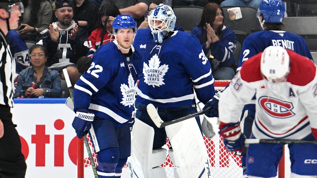 Sep 26, 2024; Toronto, Ontario, CAN;  Toronto Maple Leafs defenseman Jake McCabe (22) greets goalie Anthony Stolarz (41) after a win over the Montreal Canadiens at Scotiabank Arena. Mandatory Credit: Dan Hamilton-Imagn Images