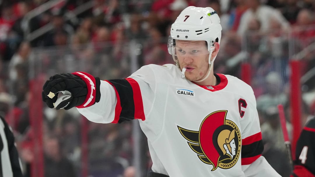 Apr 18, 2026; Raleigh, North Carolina, USA; Ottawa Senators left wing Brady Tkachuk (7) reacts against the Carolina Hurricanes during the second period in game one of the first round of the 2026 Stanley Cup Playoffs at Lenovo Center. Mandatory Credit: James Guillory-Imagn Images