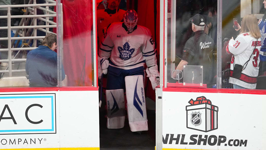 Dec 4, 2025; Raleigh, North Carolina, USA; Toronto Maple Leafs goaltender Joseph Woll (60) comes out of the locker room for the warmups before the game against the Carolina Hurricanes at Lenovo Center. Mandatory Credit: James Guillory-Imagn Images