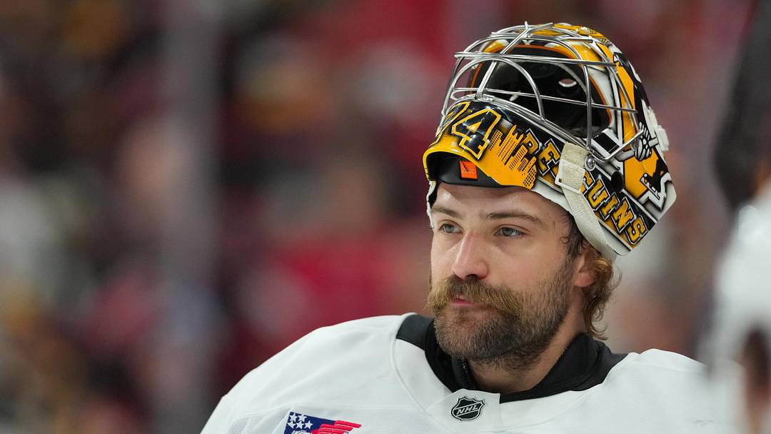 Mar 10, 2026; Raleigh, North Carolina, USA;  Pittsburgh Penguins goaltender Stuart Skinner (74) looks on during the warmups before the game against the Carolina Hurricanes at Lenovo Center. Mandatory Credit: James Guillory-Imagn Images