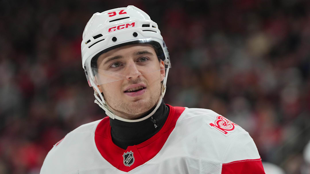Dec 27, 2025; Raleigh, North Carolina, USA;  Detroit Red Wings center Marco Kasper (92) looks on against the Carolina Hurricanes during the first period at Lenovo Center. Mandatory Credit: James Guillory-Imagn Images