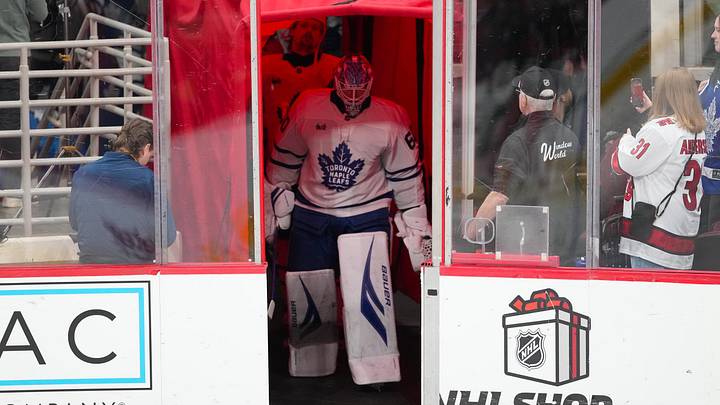 Dec 4, 2025; Raleigh, North Carolina, USA; Toronto Maple Leafs goaltender Joseph Woll (60) comes out of the locker room for the warmups before the game against the Carolina Hurricanes at Lenovo Center. Mandatory Credit: James Guillory-Imagn Images