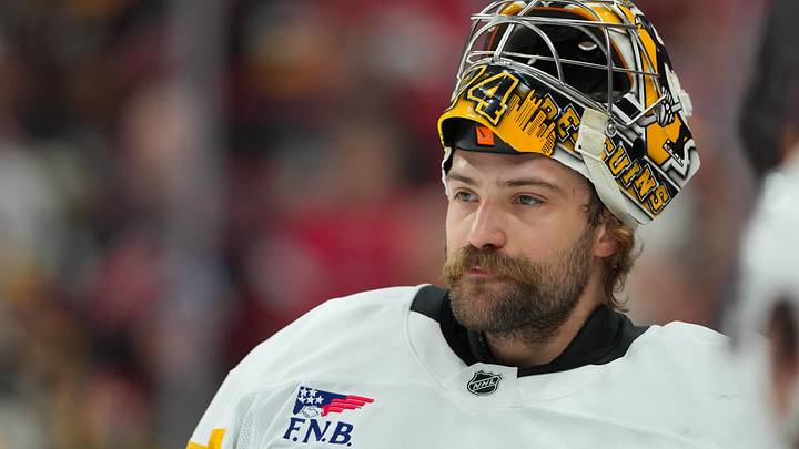 Mar 10, 2026; Raleigh, North Carolina, USA;  Pittsburgh Penguins goaltender Stuart Skinner (74) looks on during the warmups before the game against the Carolina Hurricanes at Lenovo Center. Mandatory Credit: James Guillory-Imagn Images