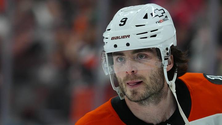 May 2, 2026; Raleigh, North Carolina, USA; Philadelphia Flyers defenseman Jamie Drysdale (9) skates during the warmups before the game against the Carolina Hurricanes at Lenovo Center. Mandatory Credit: James Guillory-Imagn Images