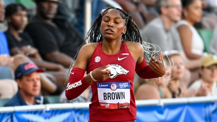 Kaylyn Brown wins her semifinal heat in the 400m during the US Olympic Track and Field Team Trials.  She set a world record as part of relay team at the Paris Olympics Friday 