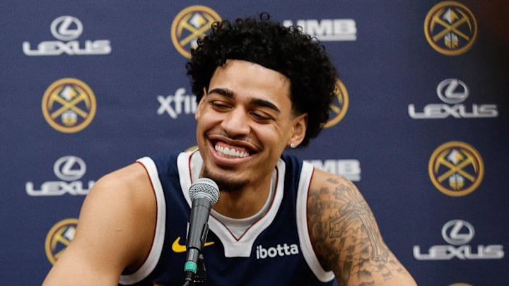 Sep 29, 2025; Denver, CO, USA; Denver Nuggets players Jonas Valanciunas (17) and Julian Strawther (3) address the media during media day at Ball Arena. Mandatory Credit: Isaiah J. Downing-Imagn Images