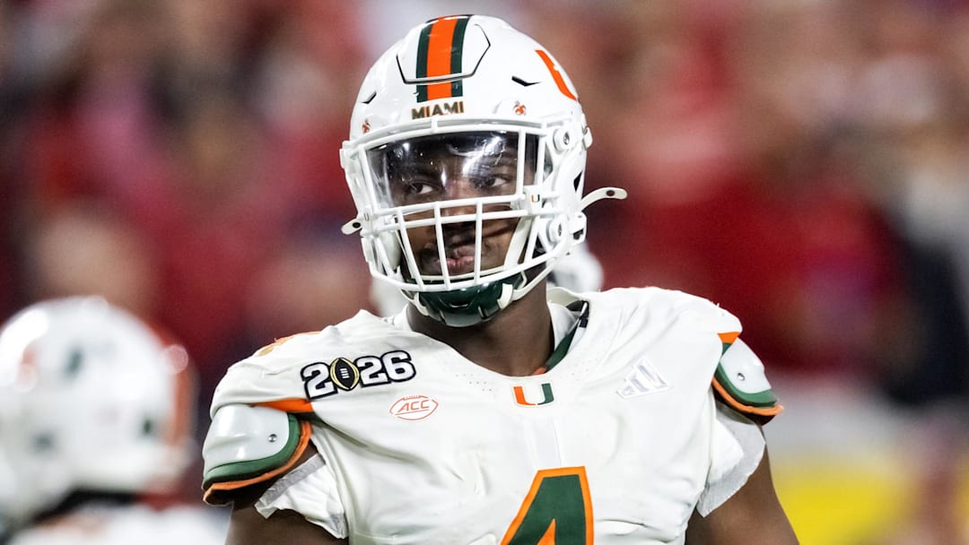 Jan 19, 2026; Miami Gardens, FL, USA; Miami Hurricanes defensive lineman Rueben Bain Jr. (4) against the Indiana Hoosiers during the College Football Playoff National Championship game at Hard Rock Stadium. Mandatory Credit: Mark J. Rebilas-Imagn Images