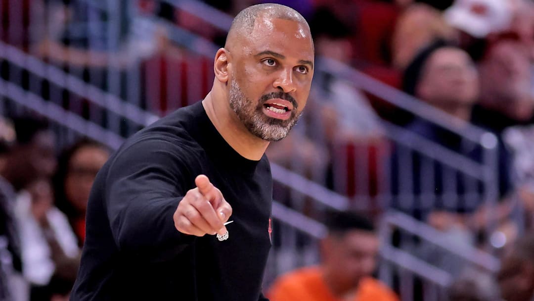 Houston Rockets head coach Ime Udoka on the sidelines against the Oklahoma City Thunder during the second quarter at Toyota Center.
