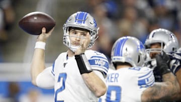 Nov 17, 2019; Detroit, MI, USA; Detroit Lions quarterback Jeff Driskel (2) passes the ball during the second quarter against the Dallas Cowboys at Ford Field.