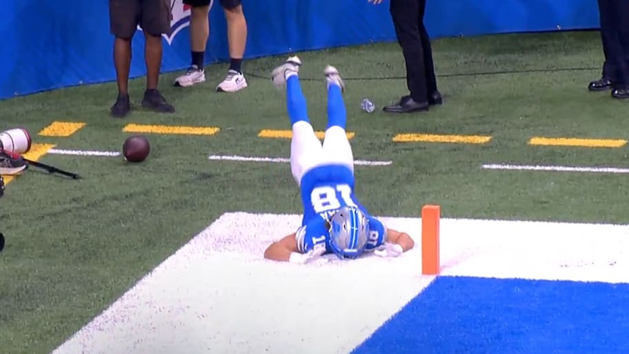 Lions rookie Isaac TeSlaa did the worm after a preseason touchdown | Screengrab via Lions TV Network and @NFL on X/Twitter