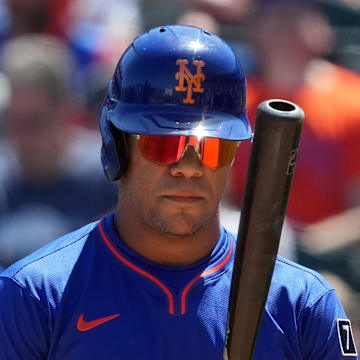 Soto bats during the first inning of a game. 