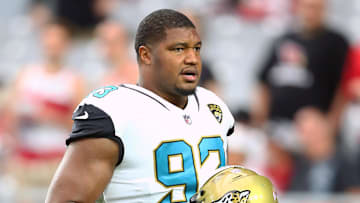 Nov 26, 2017; Glendale, AZ, USA; Jacksonville Jaguars defensive end Calais Campbell (93) against the Arizona Cardinals at University of Phoenix Stadium. Mandatory Credit: Mark J. Rebilas-Imagn Images