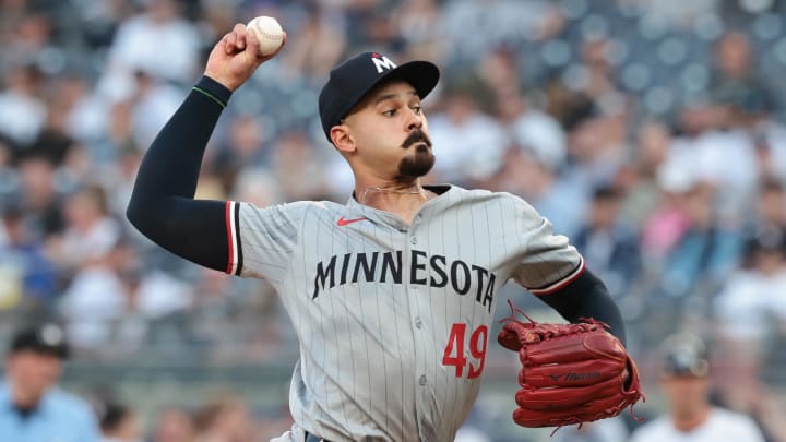 Jun 6, 2024; Bronx, New York, USA; Minnesota Twins starting pitcher Pablo Lopez (49) delivers a pitch during the first inning against the New York Yankees at Yankee Stadium. Mandatory Credit: Vincent Carchietta-USA TODAY Sports