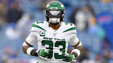 Dec 29, 2019; Orchard Park, New York, USA; New York Jets strong safety Jamal Adams (33) jogs on the field prior to the game against the Buffalo Bills at New Era Field.