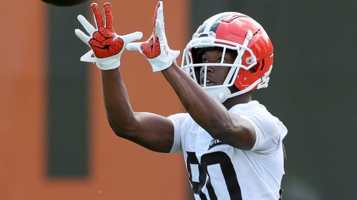 Browns wide receiver Jamari Thrash eyes a pass in a drill during minicamp, Thursday, June 13, 2024, in Berea.