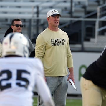 UCF Head Football Coach Scott Frost during UCF Spring football practice at FBC Mortgage Stadium in Orlando, Friday, April 11, 2025.