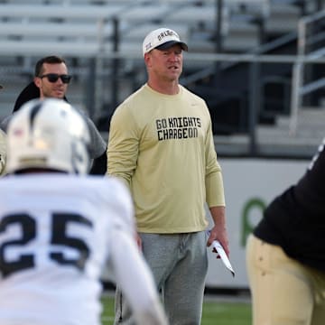 UCF Head Football Coach Scott Frost during UCF Spring football practice at FBC Mortgage Stadium in Orlando, Friday, April 11, 2025.