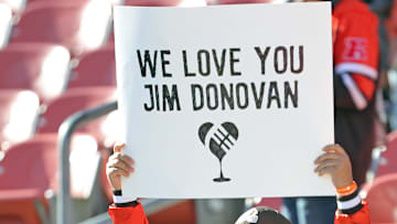 Anthony Sanchez of Youngstown shows love for longtime Cleveland Browns announcer Jim Donovan before an NFL football game at Huntington Bank Field, Sunday, Oct. 27, 2024, in Cleveland, Ohio.