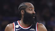 Oct 22, 2025; Salt Lake City, Utah, USA; Los Angeles Clippers guard James Harden (1) brings the ball up the court against the Utah Jazz during the second half at Delta Center. Mandatory Credit: Rob Gray-Imagn Images