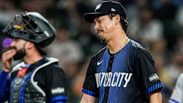 Former Detroit Tigers pitcher Kenta Maeda (18) reacts after Kansas City Royals shortstop Bobby Witt Jr. (7) scores a run during the ninth inning at Comerica Park in Detroit on Friday, April 18, 2025.