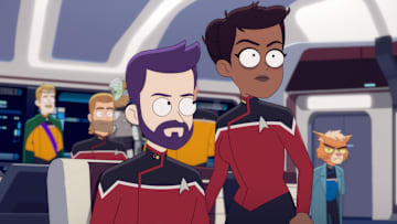 L-R: Jack Quaid as Boimler and Tawny Newsome as Beckett Mariner in episode 1, season 5 of Lower Decks streaming on Paramount+, 2024. Photo Credit: Paramount+